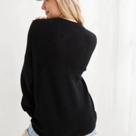 Aerie Henley Oversized Knit Cotton Sweater Black - Picture 2 of 12